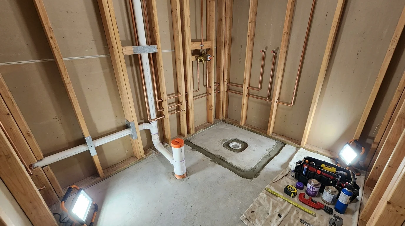 Bathroom rough-in plumbing during remodel by Johns Plumbing LLC in Orwell