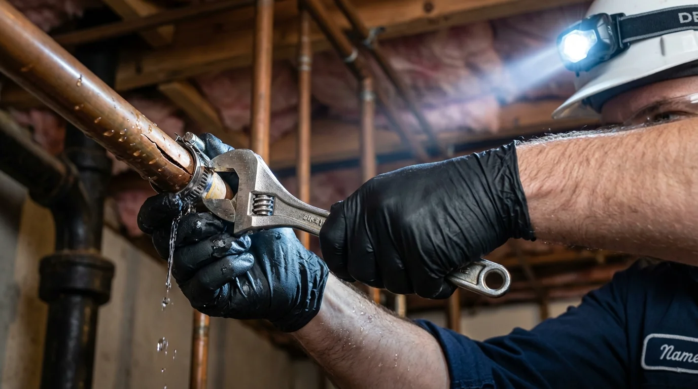 Emergency pipe clamp repair being performed by a Johns Plumbing LLC plumber in Orwell