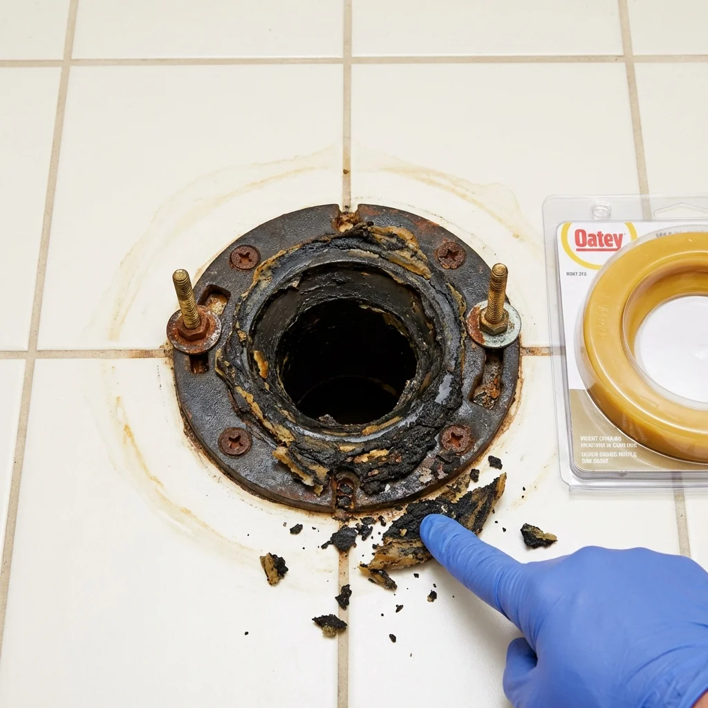 Failed wax ring showing water seepage at the base of a toilet in a Orwell, OH home