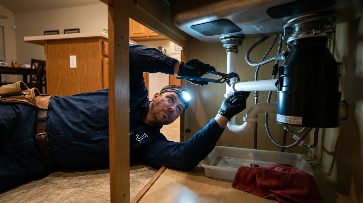 P-trap and supply line connections under a kitchen sink showing a common leak point in Orwell, OH